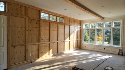 A wideangle shot of a bright room where sunlight streams in illuminating an unfinished accent wall with halfassembled wooden panels creating a warm yet unrefined atmosphere.