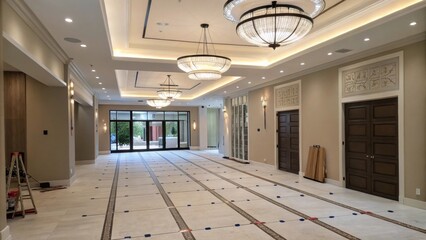 A wideangle perspective of an entryway with spacers laid out in a meticulous fashion showcasing the thoughtful planning before tiling begins and modern lighting fixtures overhead.