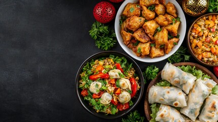 Delicious Asian Cuisine Fried Dumplings Spring Rolls Rice Festive Food