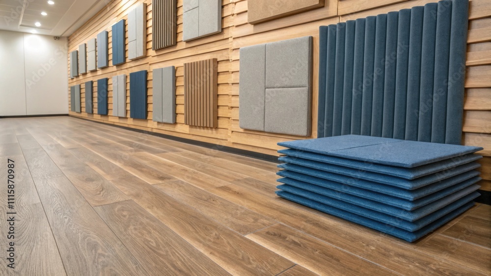 Poster a warmtoned wooden floor above which lie neatly stacked acoustic panels in shades of blue and gray c