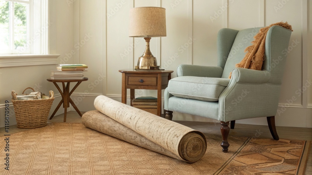 Poster a warmtoned cork flooring roll leans in a cozy nook paired with a vintage armchair and a small side 