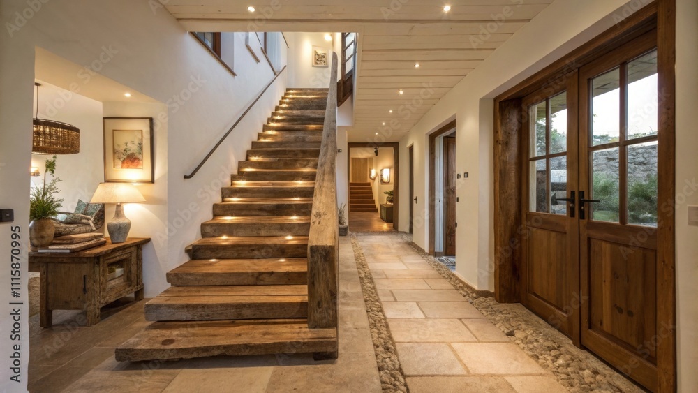 Poster a welllit corridor connecting various rooms where the floating staircase ascends gracefully featurin