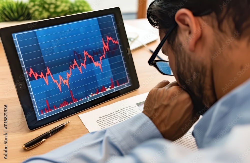 Poster man analyzes stock market data on tablet device