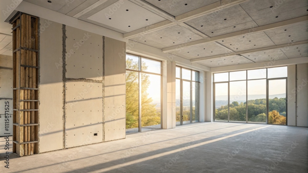 Aufkleber A view of an openplan space with large unpainted drywall slabs in place highlighted by soft natural light streaming through an adjacent window.