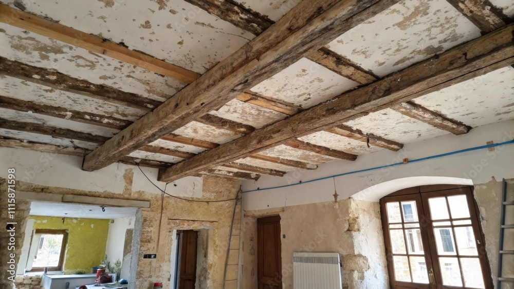 Aufkleber A view featuring uneven joists and old paint with the underbelly of a ceiling primed for a clean drywall finish in a rustic setting.