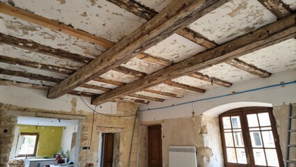 A view featuring uneven joists and old paint with the underbelly of a ceiling primed for a clean drywall finish in a rustic setting.