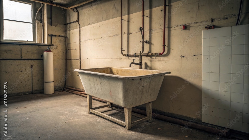 Poster a view capturing a large unfinished utility sink sitting alone against an unpainted wall pipes expos
