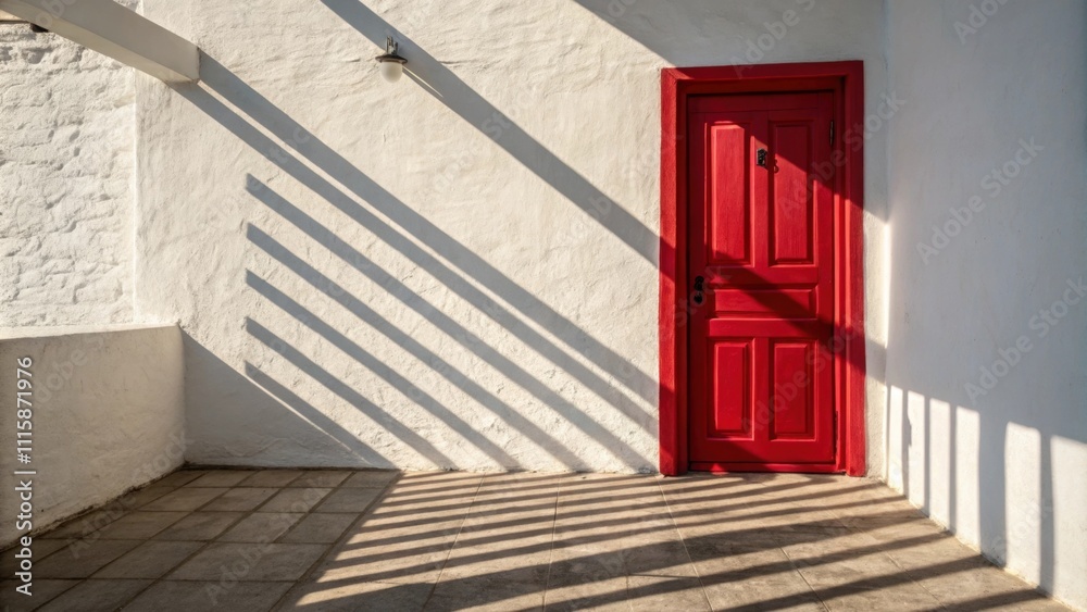 Poster a vibrant red door slightly ajar leans against a stark white wall with shadows playing across the fl