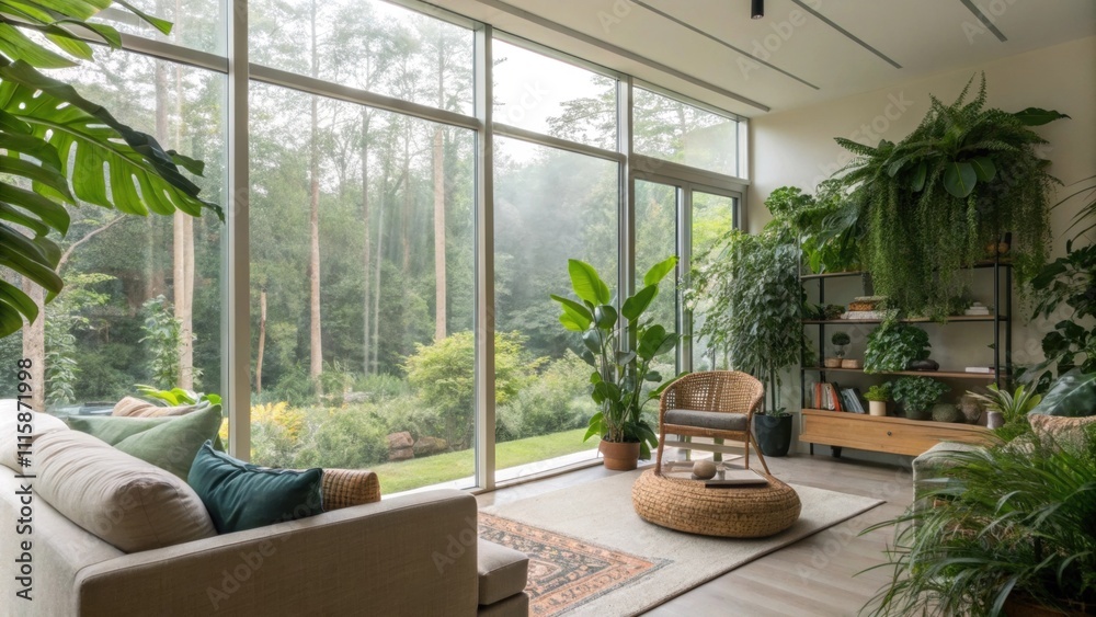 Poster a vibrant living room filled with greenery featuring a floortoceiling window with protective film em