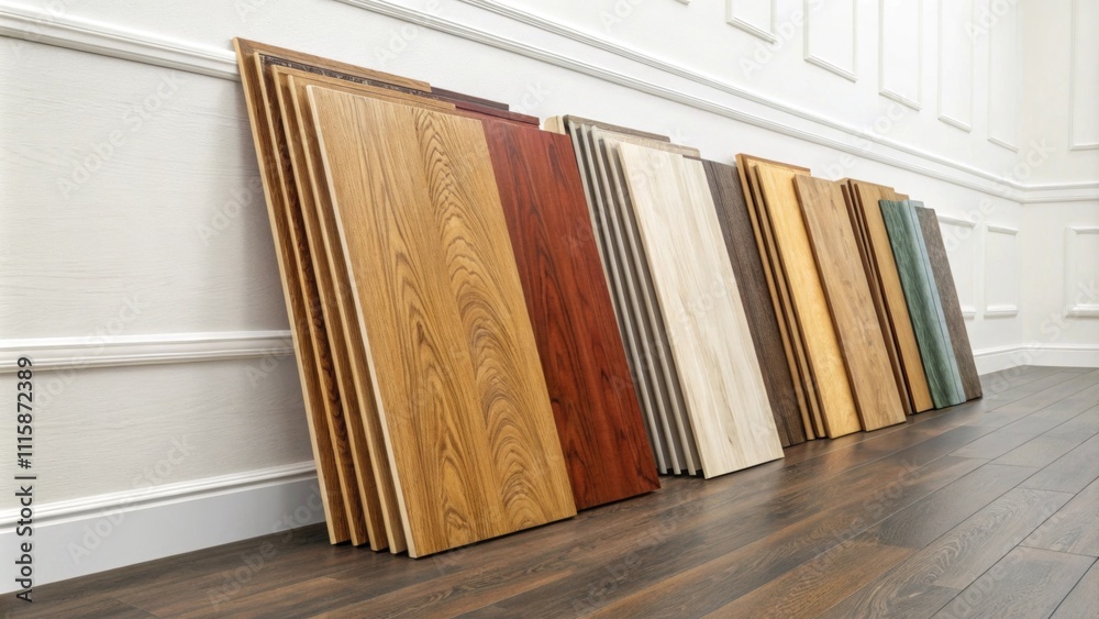 Poster a vibrant collection of laminate flooring boards in warm beige tones sitting against a stark white w