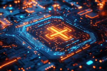 Obraz premium Futuristic Circuit Board with Glowing Orange and Blue Lights in a High-Tech Digital Environment