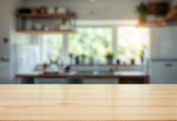 A clean wooden table surface in front of a blurred and bright kitchen interior. Ideal for product display or background use in culinary and home settings.