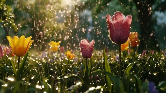 Spring Flowers in the Rain: Delicate Blooming Scene with April Showers and May Flowers in a Refreshing Natural Setting