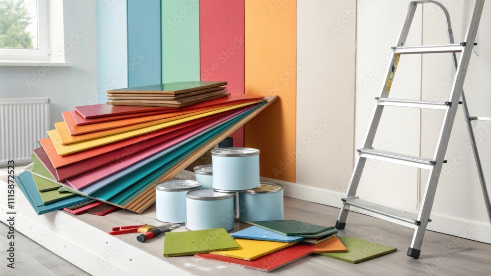 Poster a vibrant composition of wall panels in varying shades stacked haphazardly on a shelf with a ladder 