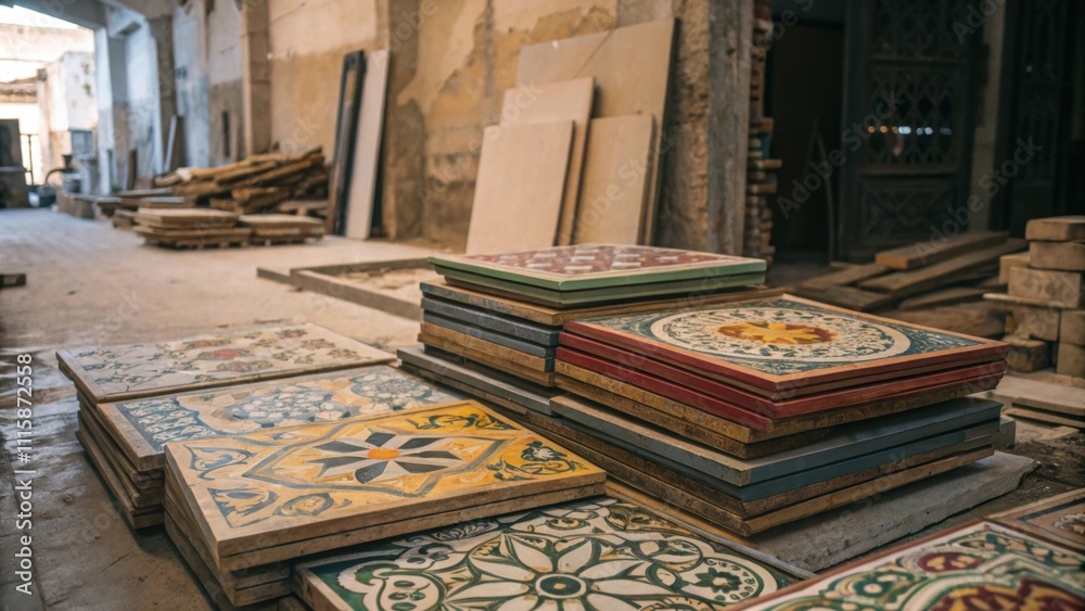 Poster a vibrant assortment of ornate tiles piled high featuring intricate designs and textures resting und