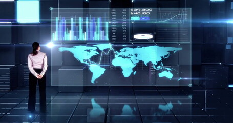 Image of caucasian woman touching digital screen with data processing on black background