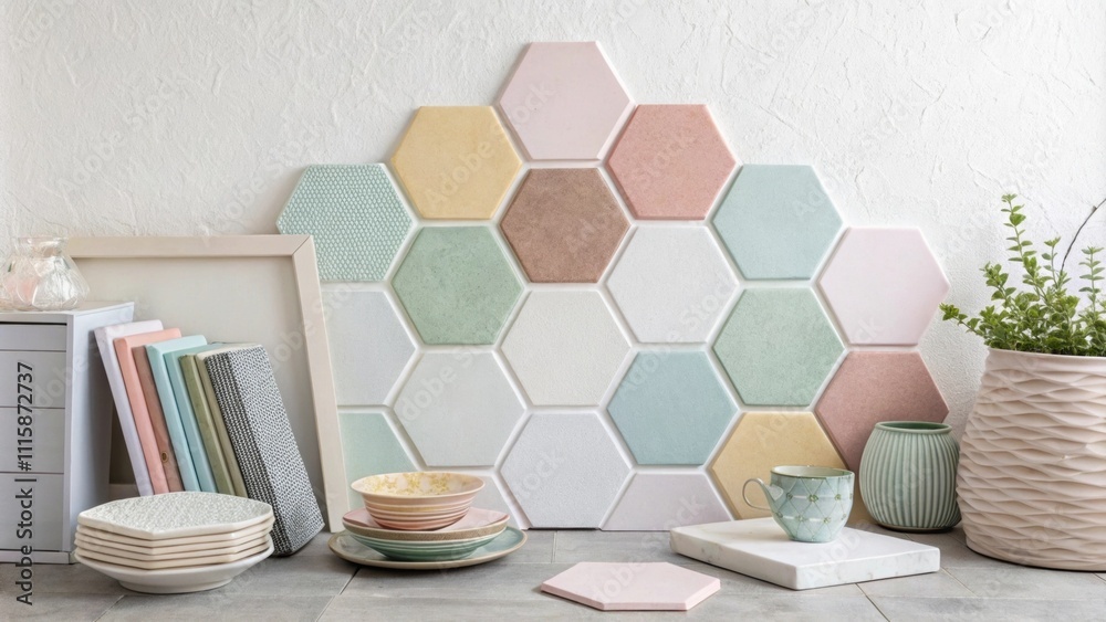 Poster a variety of hexagonal tiles with pastel colors and soft textures carefully stacked against a white 