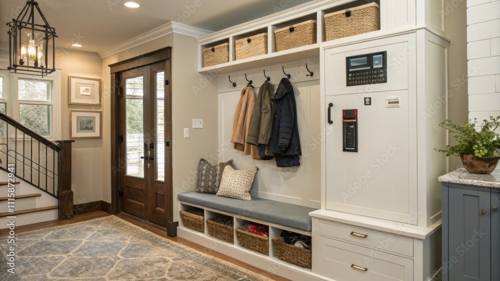 Poster A trendy entryway with an exposed electrical panel incorporated into a mudroom area adorned with hooks for coats and a bench blending functionality with stylish decor.