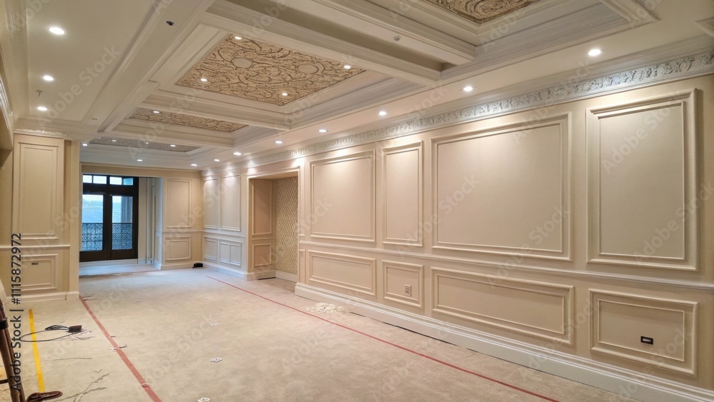Aufkleber A transitional space with a pale color scheme displaying unused wall space and a section of decorative ceiling molding awaiting its final place.