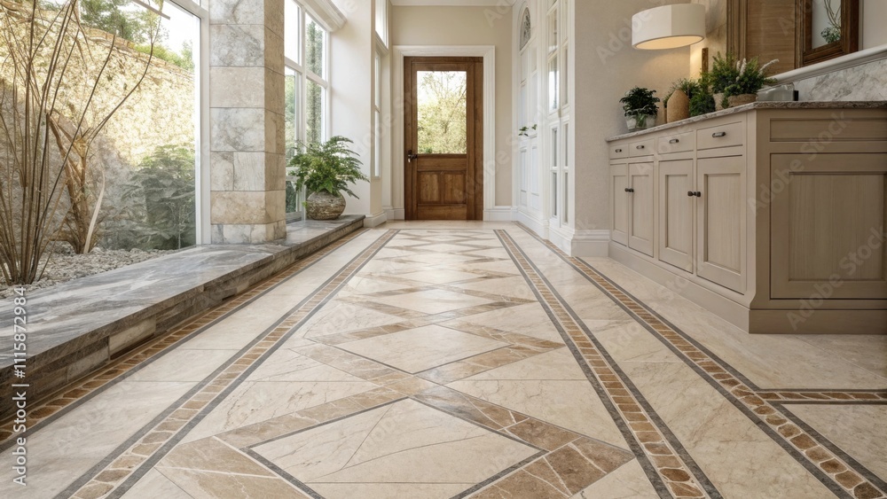 Poster A transitional space featuring subtly marbled tiles in earth tones with freshly grouted joints that lend an elegant continuity to the design.