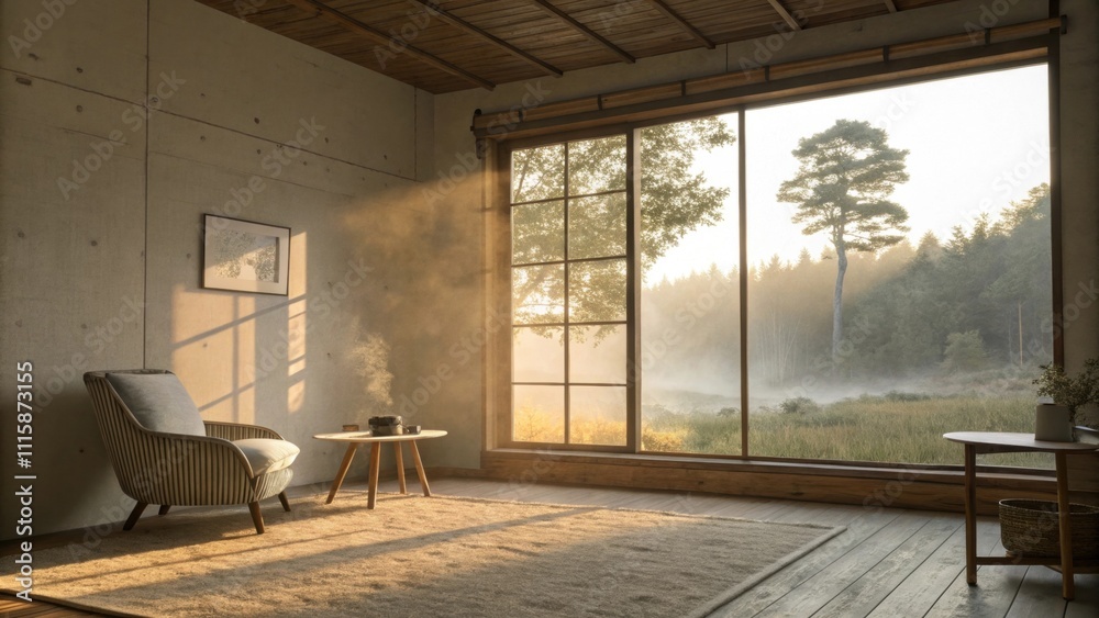 Aufkleber A tranquil and room with a simple clean aesthetic highlighted by a window that allows warm sunlight to illuminate the dust particles floating in the air.
