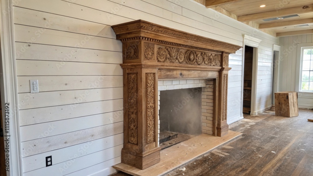 Poster a traditionalstyle fireplace mantel constructed from reclaimed wood standing against a backdrop of w