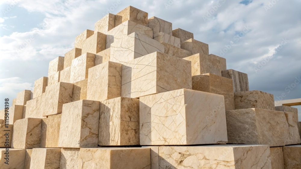 Poster A towering arrangement of light beige marble fragments each displaying intricate patterns of light and shadow creating an artistic visual effect.