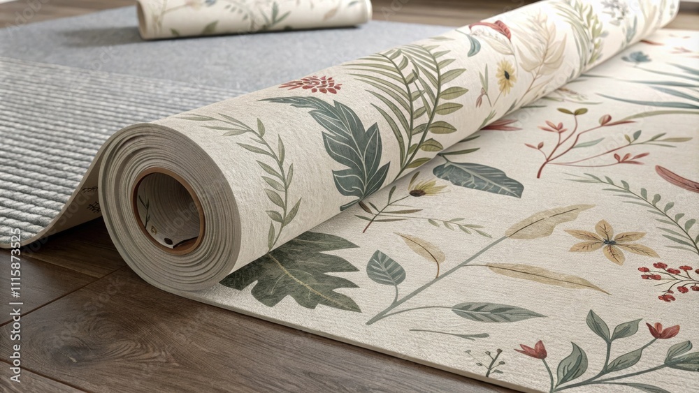 Poster a textured natureinspired wallpaper roll positioned on a gray rug partially unfurled with a few piec