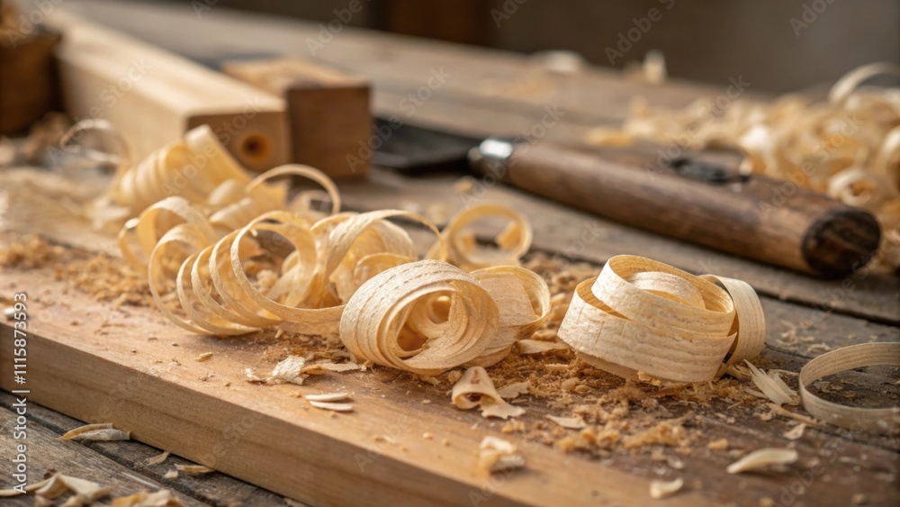 Poster a textured closeup of tightly curled wood shavings intermingled with raw wood dust capturing the ess