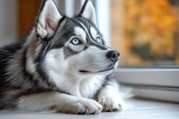 Majestic Siberian husky dog with piercing blue eyes in snowy winter landscape, close-up animal photography, fluffy fur, canine elegance, cold weather