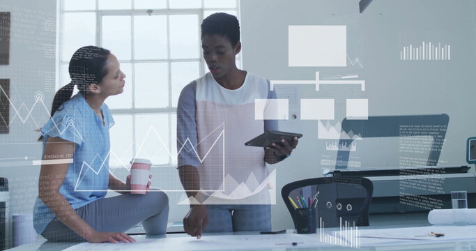 Image of financial data processing over diverse business people in office