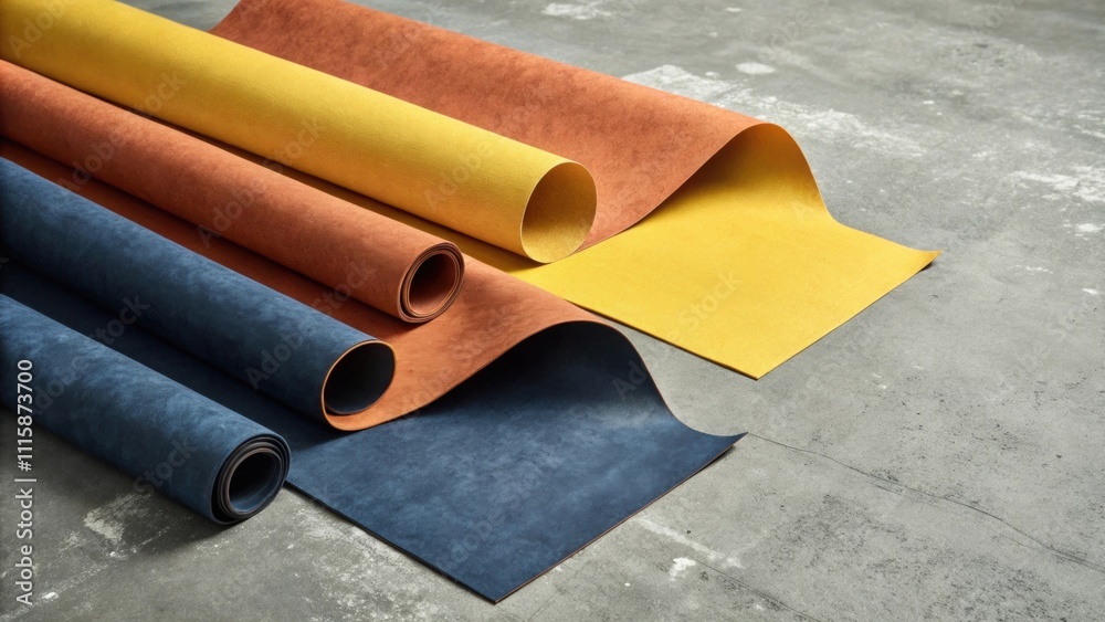 Poster a tered arrangement of wallpaper scraps on a concrete surface emphasizing contrasting colors such as