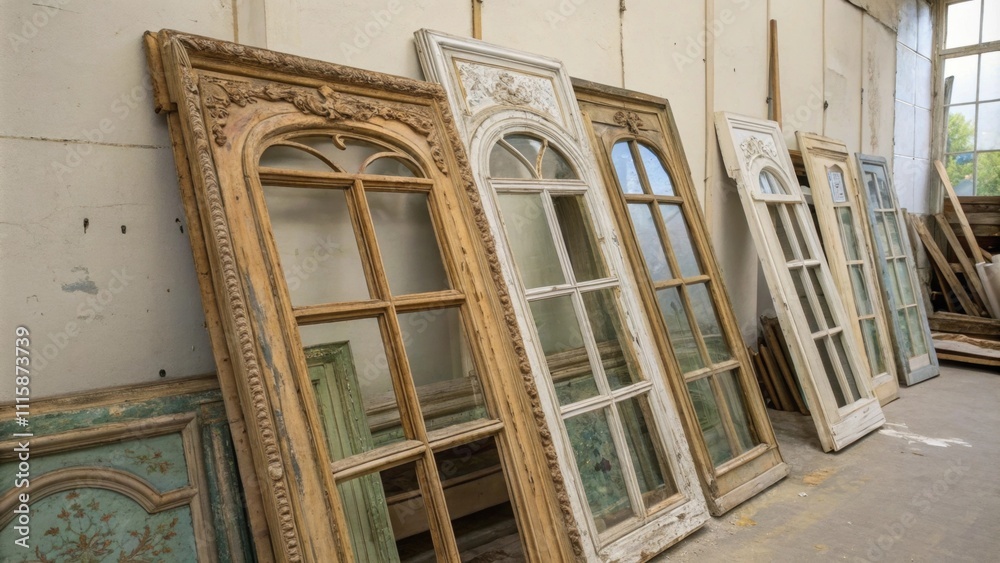Aufkleber a tall stack of vintagestyle window frames leaning against a wall showcasing intricate designs and p