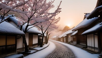 Snow Covered Japanese Village Street With Cherry Blossoms