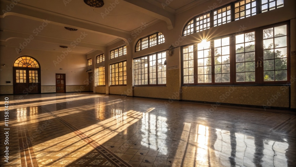 Poster A sunlit room where the floor reflects a shimmering glow casting interesting shadows against the walls and emphasizing the spaces openness.