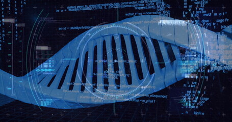 Image of dna strand over data processing
