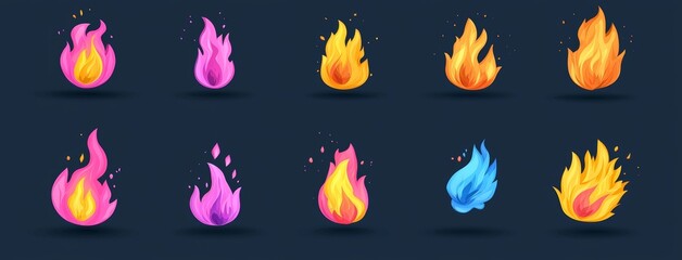 A set of laser weapon shots isolated on black background. A modern cartoon illustration of neon color beams with fire and smoke effects, missile strikes, space blaster attacks, and magic energy