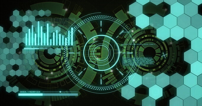 Futuristic data visualization and analysis image with graphs and hexagonal shapes