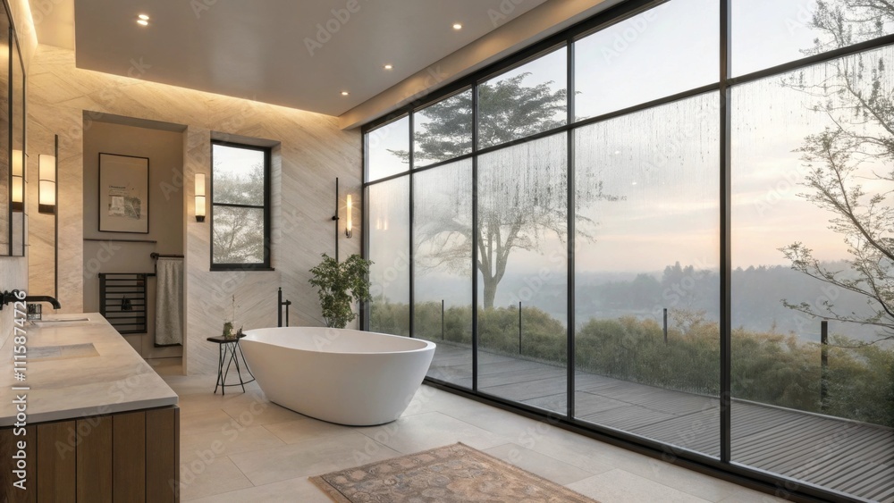 Poster a stylish bathroom with a floortoceiling window framed by frosted glass and protective film allowing