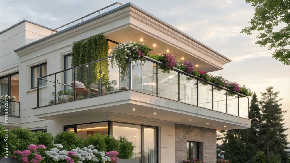 Poster a stylish balcony with a glass railing that elegantly matches the modern architectural lines of the 