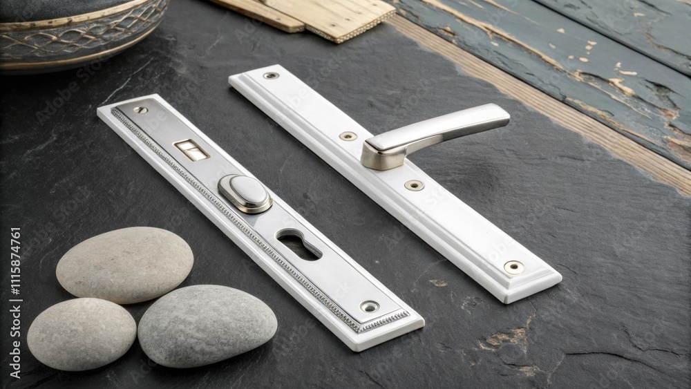 Aufkleber A striking white door handle set featuring clean lines and a modern design is displayed on a stark slate grey surface with a few pebbles artistically p around it.