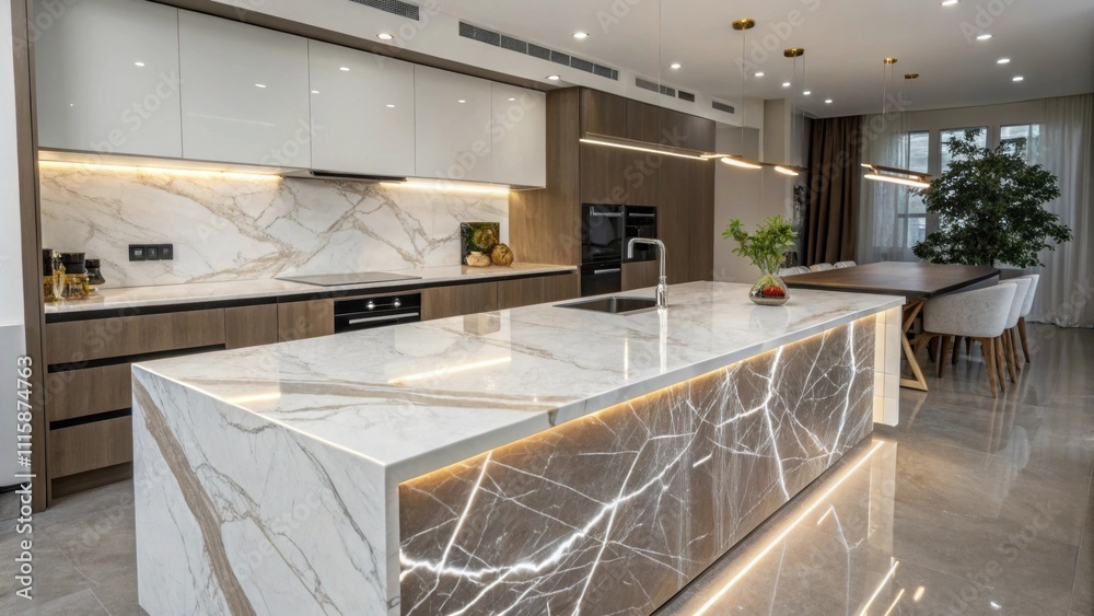 Poster A striking marbled countertop sits prominently in a contemporary kitchen its surface enveloped in a thin layer of protective film as light reflects off its intricate patterns.