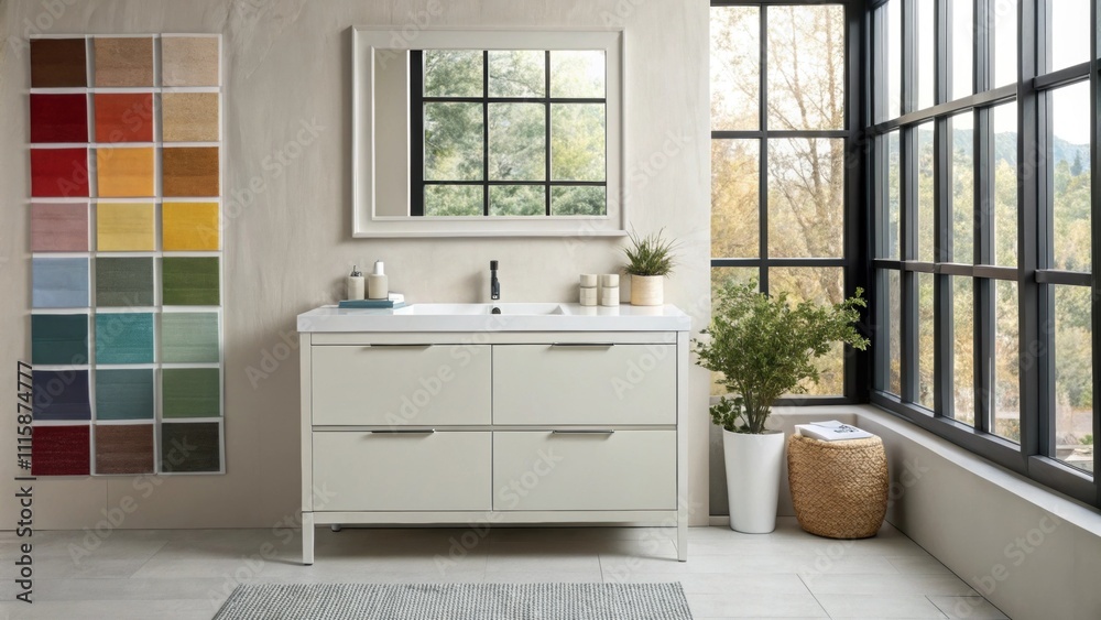 Poster a streamlined modern sink vanity p under a large window with vibrant wall paint samples surrounding 