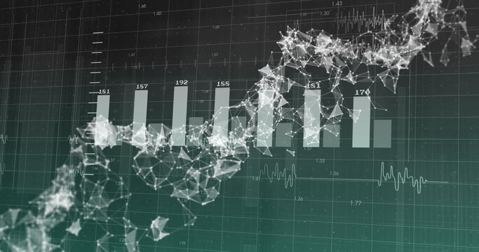DNA strand and bar chart image over financial data background