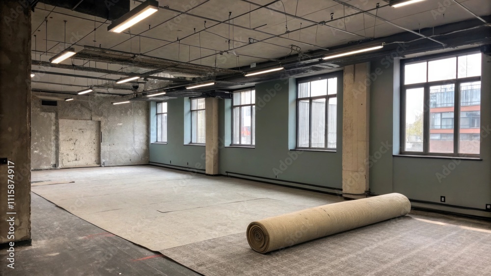 Aufkleber A stark empty room with matte gray walls and a roll of carpet padding lying horizontally contrasting with the rawness of the exposed light fixtures above.