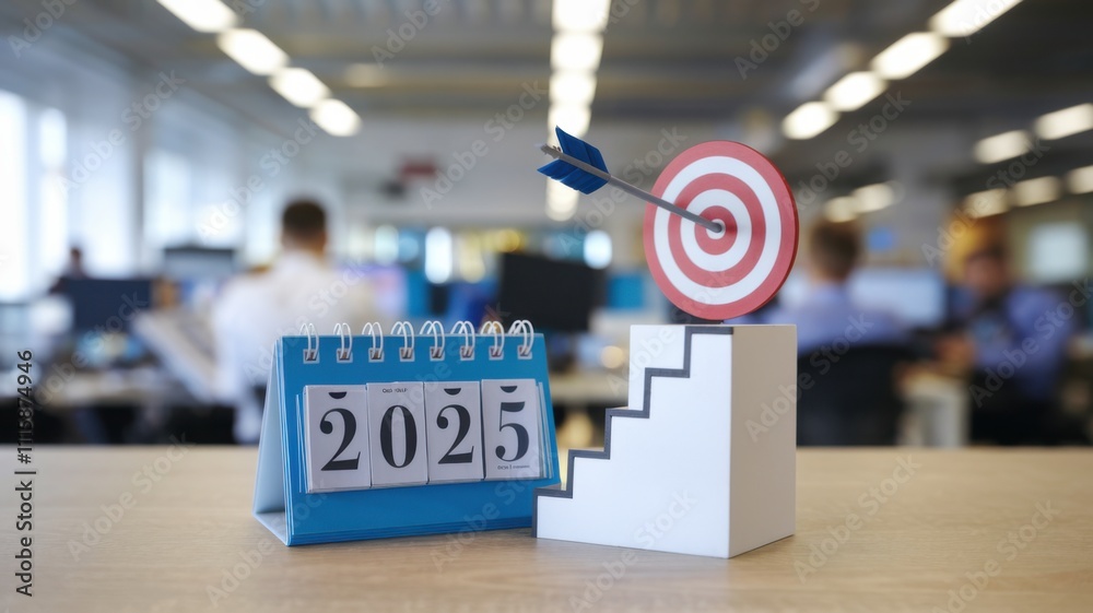 Poster a calendar for 2025 with a target and arrow symbolizing goal-setting and progress.