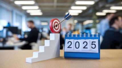 Obraz premium A target and calendar symbolize goal-setting for the year 2025 in a business environment.