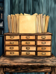 Antique wooden card catalog cabinet filled with aged papers sits on a wooden desk against a dark teal wall.