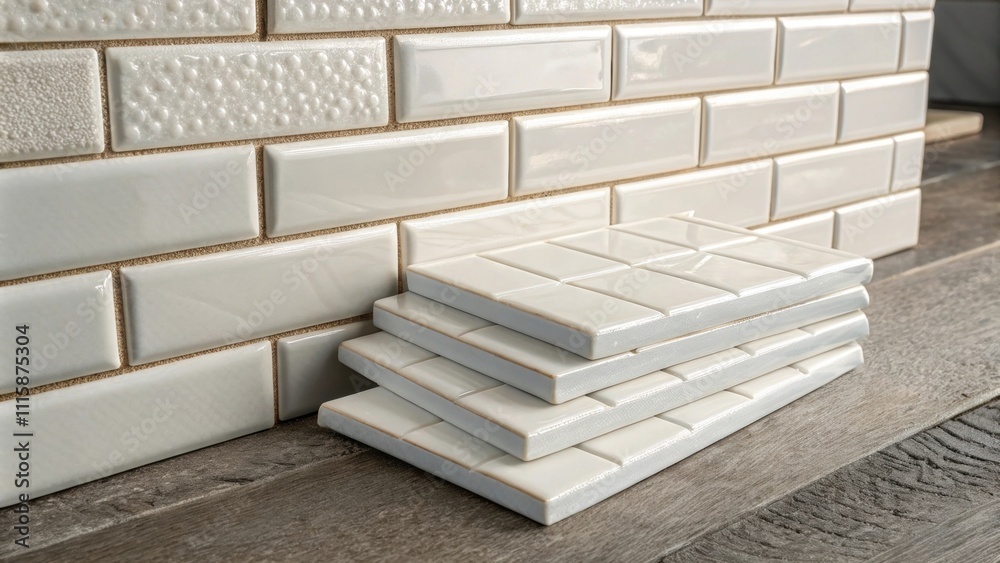 Poster A stack of rectangular subway tiles with a glossy white finish resting against a textured wall inviting a sense of modern minimalism and simplicity.