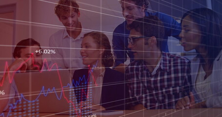 Image of data processing and diagrams over diverse business people discussing work